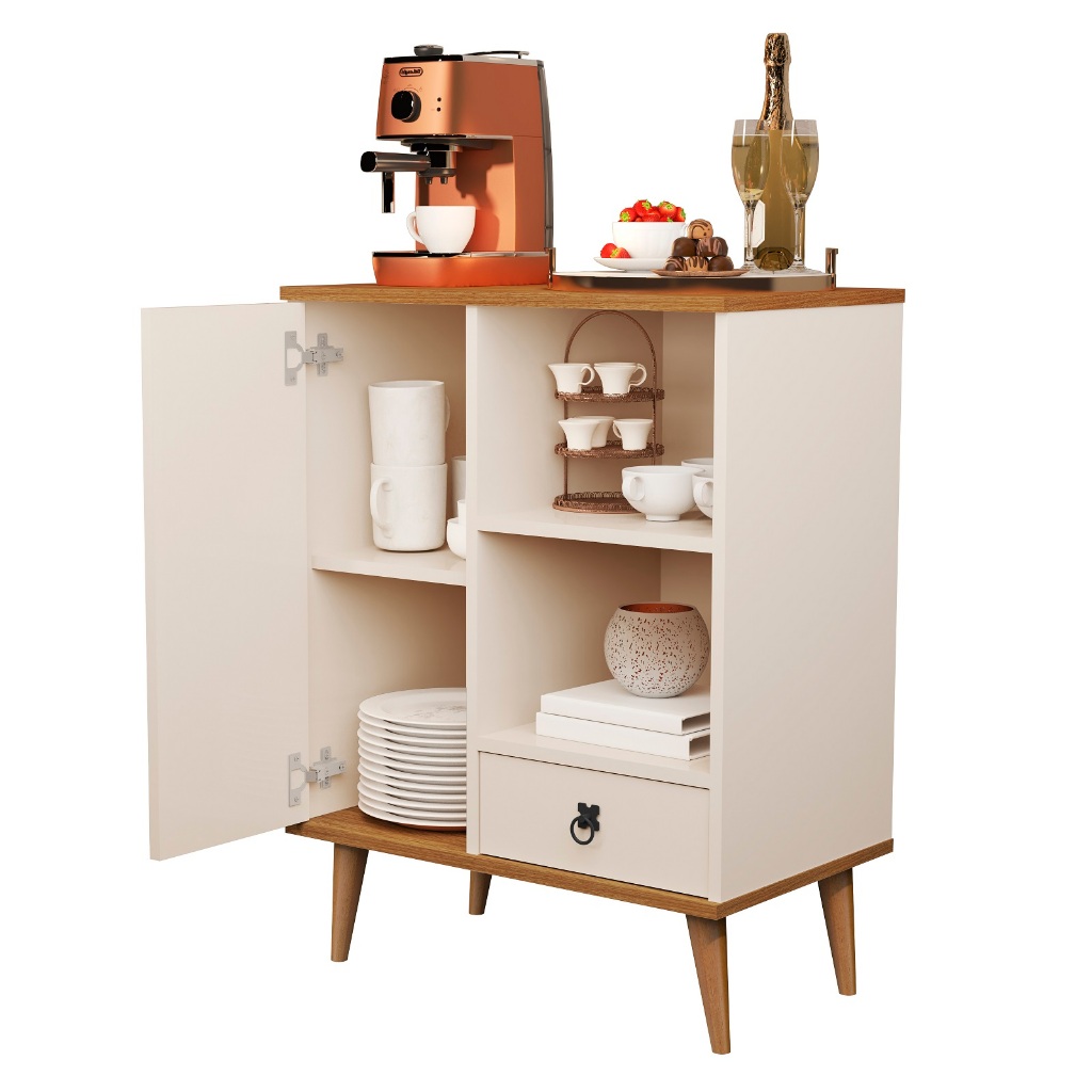 Aparador Buffet Balcão Multiuso Para Sala Bar Adega Com Porta - Off White com Freijo