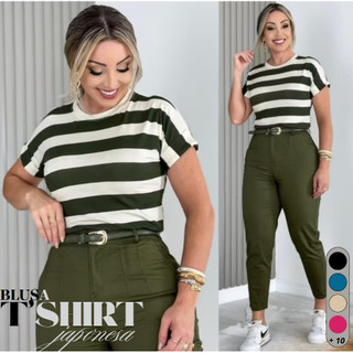 Blusa Femenina T-shirt Listrada, Lisa Manga Curta Doblada Cores Verao Inverno Tendencia 2026 Viscolycra Premium
