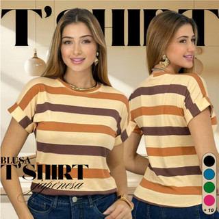 Blusa Femenina T-shirt Listrada Manga Curta Doblada Cores Verao Tendencia 2026 Casusl Elegante Gringa