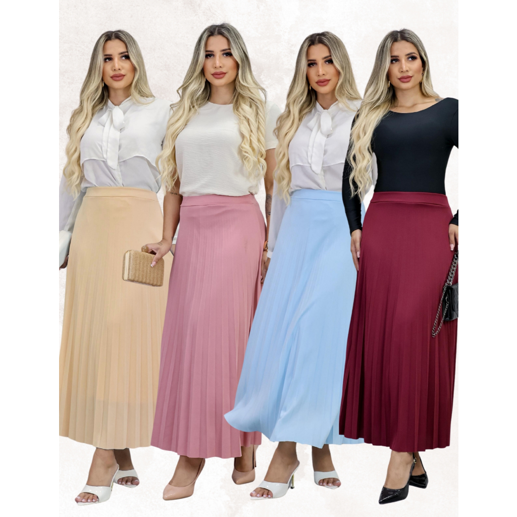 Saia Feminina  Longa Plissado com Forro e  Elastico na Cintura Moda Crista e Evangelica em Oferta na Shopee