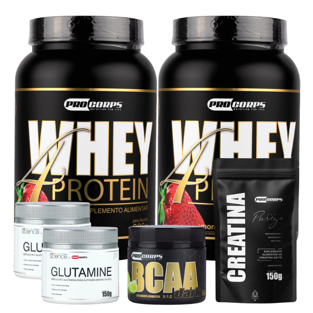 2 Whey 4 Protein 900g + 2 glutamina 150g + 1 BCAA 150g + 1 creatina pura refil 150g