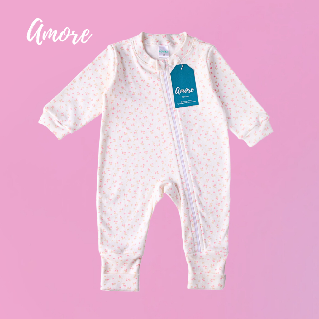 Macacão de Bebê Amore Vira Pé Flor Com Zíper 100% Algodão em Oferta na Shopee