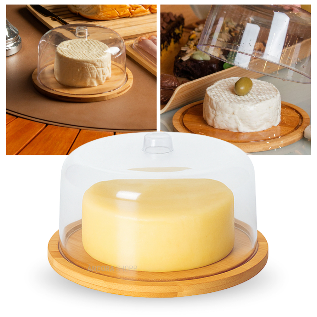 Porta Queijo Queijeira Madeira Bambu Com Tampa de Acrilico Mantegueira 18cm