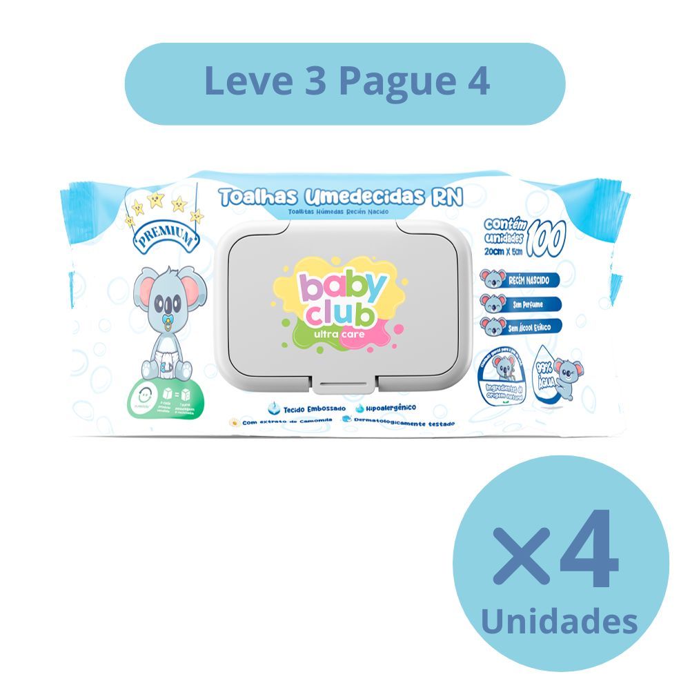 KIT PAGUE 3 LEVE 4 UNIDADES TOALHAS UMEDECIDAS RECEM NASCIDO BABY CLUB 100 FOLHAS CADA PACOTE
