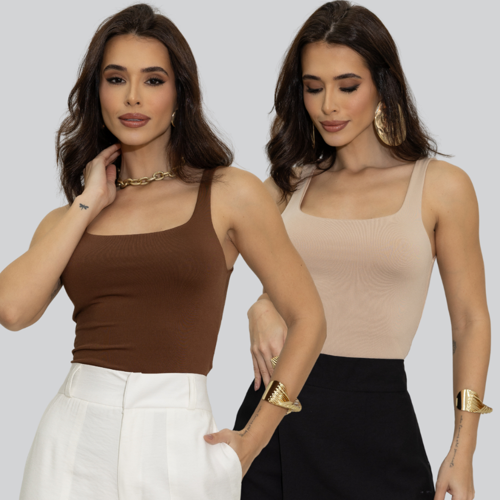 Kit 2 Regatas Feminina Casual Decote Lisa Suplex Alça Dupla