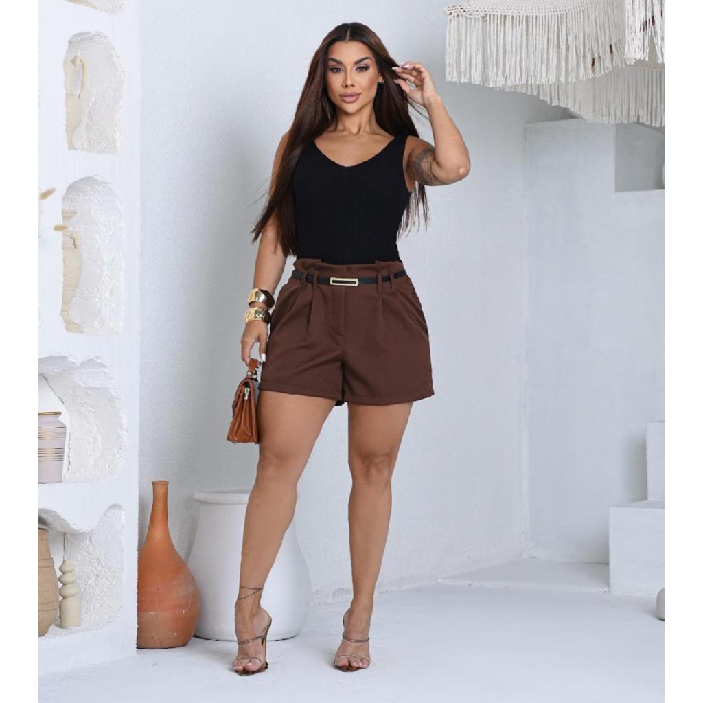 Short Casual Alfaiataria Feminino Com Cinto Com Bolso Cintura Alta PROMOÇÃO em Oferta na Shopee