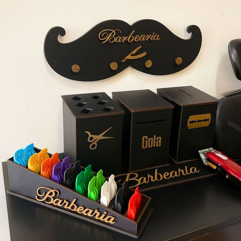 KIT Barbearia Descarte Lâminas + Porta Tesouras + Suporte + Cabideiro + Porta Pentes