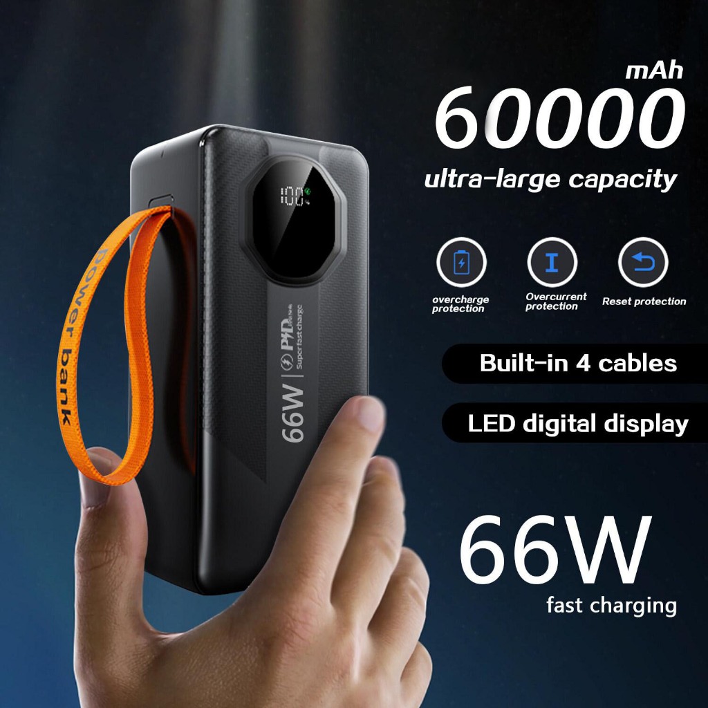 Novo 60000mAh Turbo 66W PD Powerbank de grande capacidade com carregamento ultra-rápido e cabo integrado para iOS/Androd