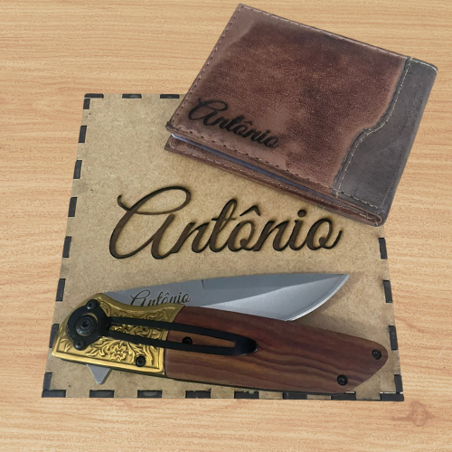 Kit personalizado, carteira + canivete + caixinha  Canivete em aço inox e carteira em couro sintético