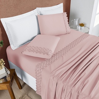 Jogo de Lençol Casal /Queen /King 200 Fios 4 Peças Com Lese Bordado Inglês em Oferta na Shopee