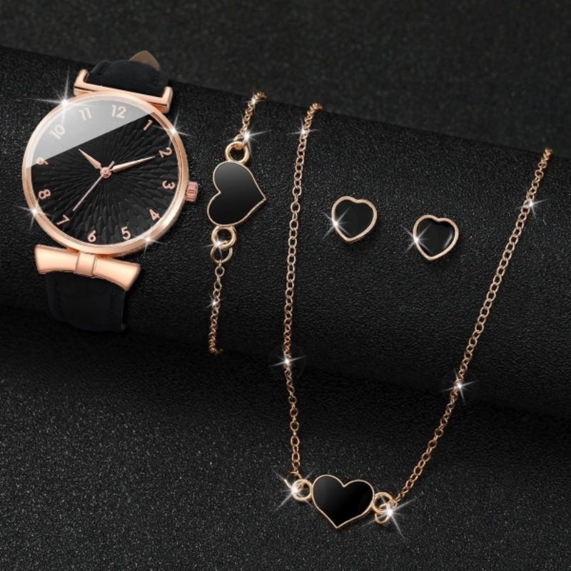 RELÓGIO PRETO FEMININO ELEGANTE, KIT RELÓGIO - COLAR - PULSEIRA - BRINCOS - Elegance Black Heart