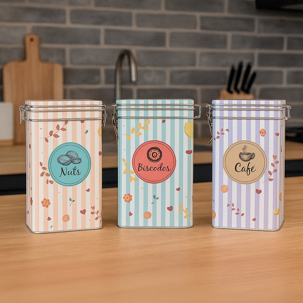 Kit 3 Potes de Metal Retrô Herméticos para Mantimentos – Café, Biscoitos e Nuts Armazename...