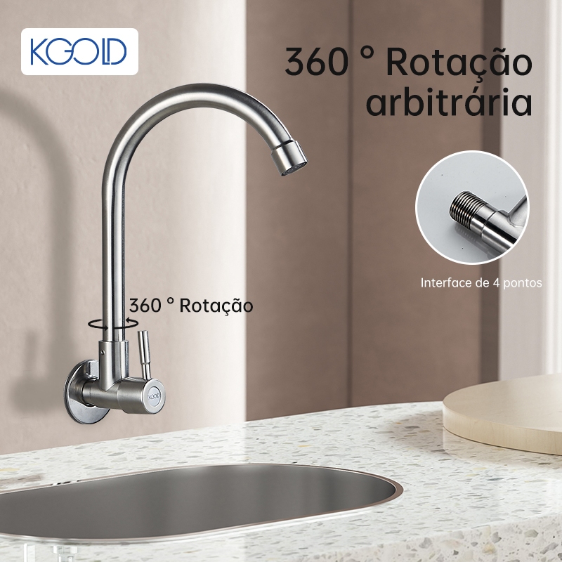 Torneira giratória de aço inoxidável KOGLD, longa prateada para parede em Oferta na Shopee