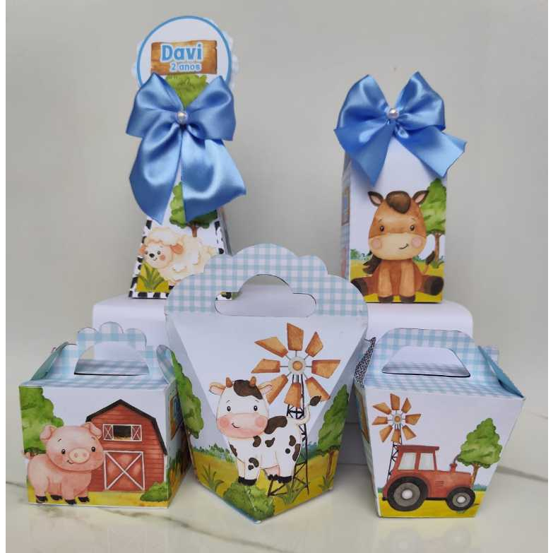 Kit Festa Personalizado Fazendinha Azul - Caixinhas para Aniversário - Lembrancinhas .