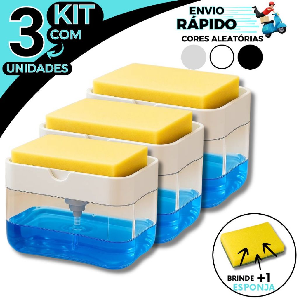Kit 3 Dispenser Para Detergente 2x1 Suporte Para Sabão | Porta Bucha Esponja Limpeza