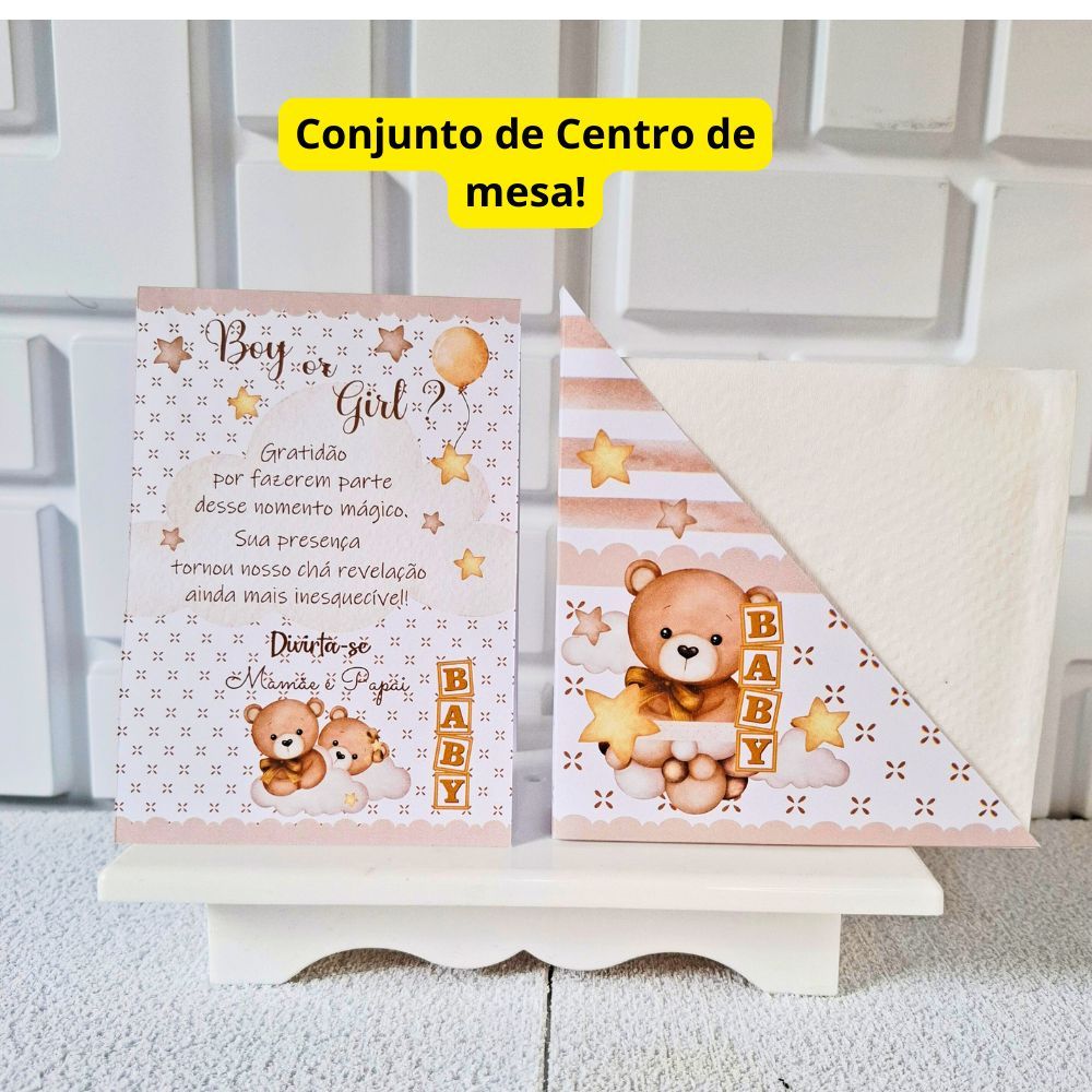 Kit Centro de Mesa Festa Plaquinha de Agradecimento + Porta Guardanapo personalizado no Tema Chá Revelação Ursinho Bege