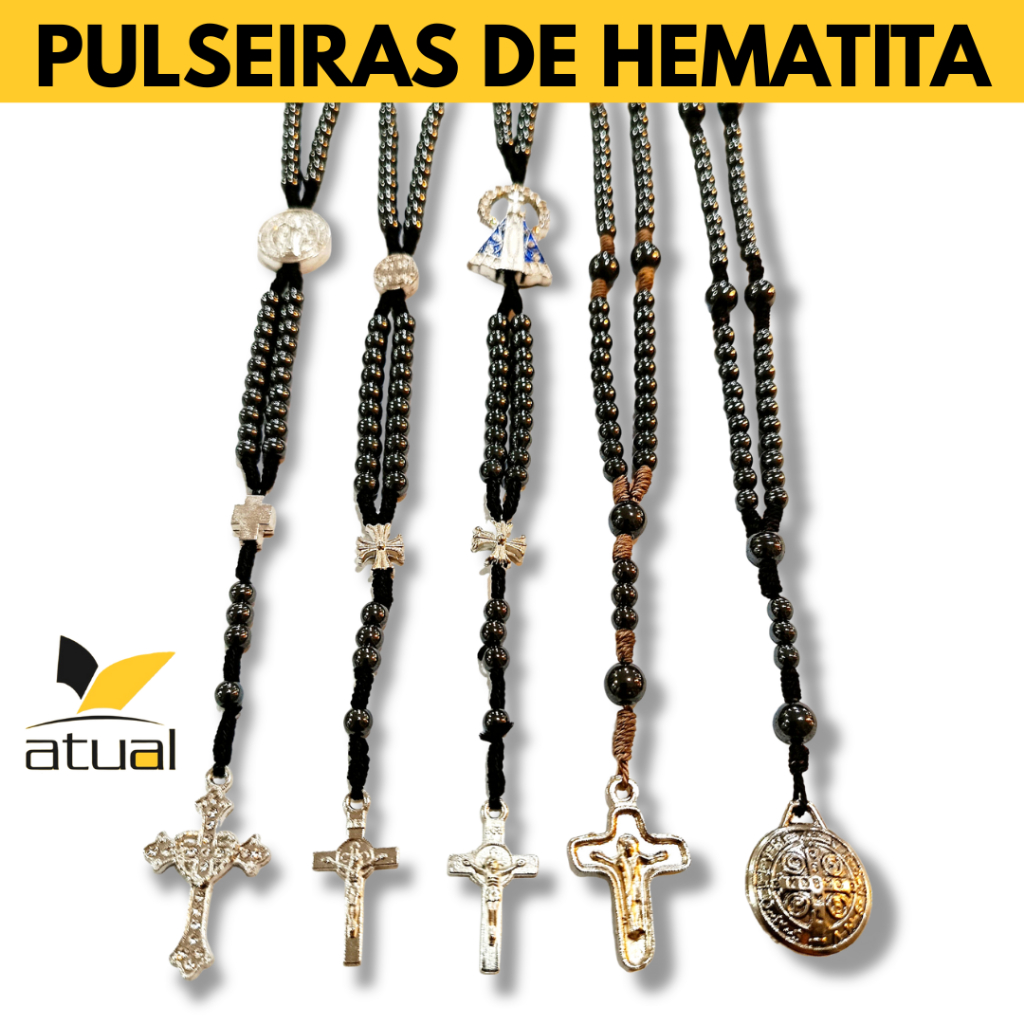 Pulseira Terço de Pulso Hematita Cordão Aço Inox São Bento Nossa Senhora Vários Modelos