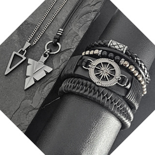 Pulseiras Masculinas Kit C/04  De Couro Bussola  + Colares Masculinos em Oferta na Shopee