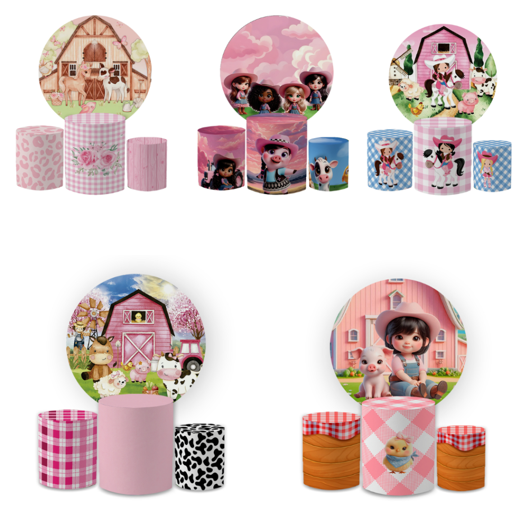 Kit Capa Painel Redondo 1,5 + Trio Cilindros Decoração Aniversário Infantil Fazendinha Rosa Menina em Oferta na Shopee