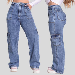 Calça Jeans Cargo Bolsos Soltinha Cós Alto 100% Algodão Empina Bumbum Premium Wide Leg Larga