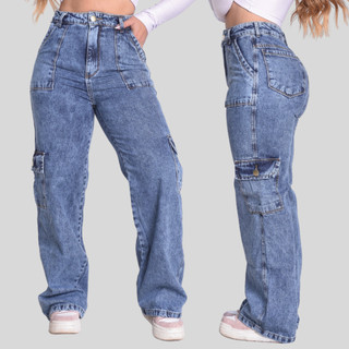 Calça Jeans Cargo Bolsos Soltinha Cós Alto 100% Algodão Empina Bumbum Premium Wide Leg La…