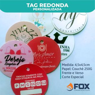Tag Redonda Personalizada 4,5cm com Furo 3mm Frente e Verso – 25, 50, 125 ou 250 Unidades em Oferta na Shopee