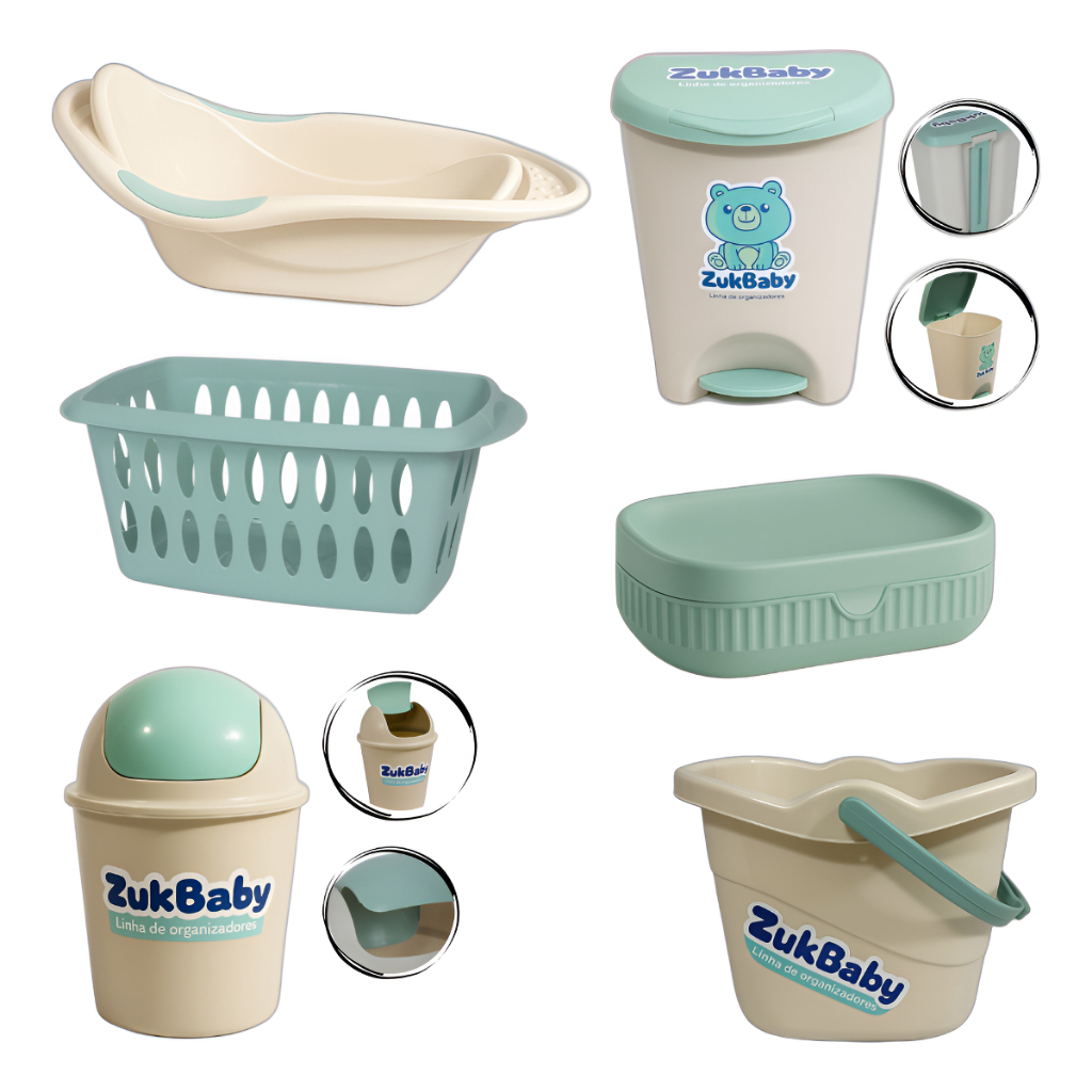 Kit Para Banho Quarto Bebê Baby Menino Menina Banheira Saboneteira Cesto Baldinho E Lixeiras Verde