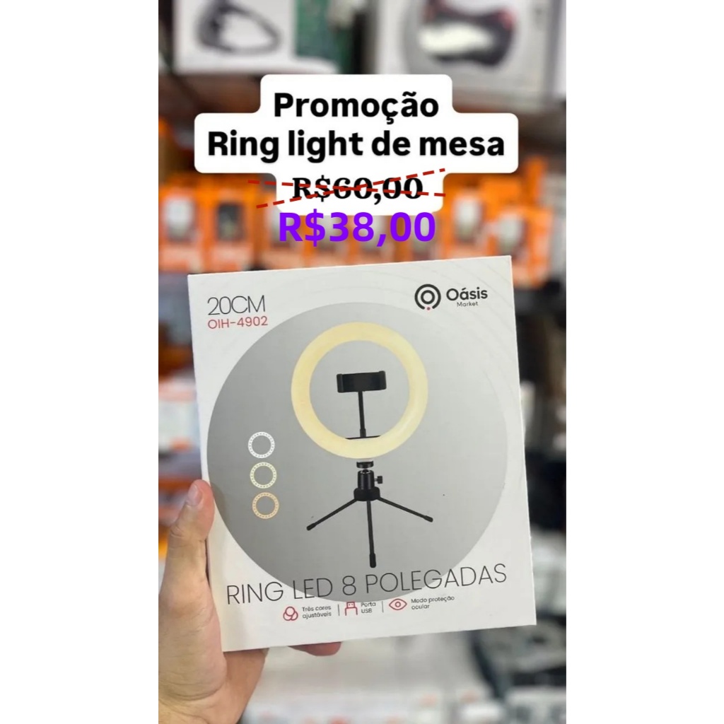 Iluminador Ring Light 8 Pol 20cm Tripé Ajustável Suporte Celular USB-Oásis Market-OIH-4902