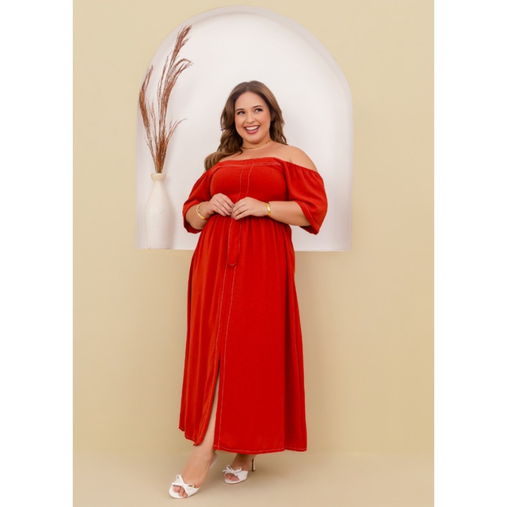 Vestido Feminino Longo Plus Size Com Cinto Tecido Crepe Dunas De  Manguinha Com Fenda Lançamento