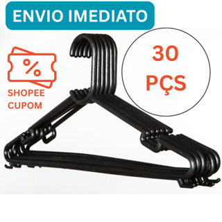 Cabide Kit 30 Unidades Reforçado Adulto Preto Cruzeta Arara Organização em Oferta na Shopee