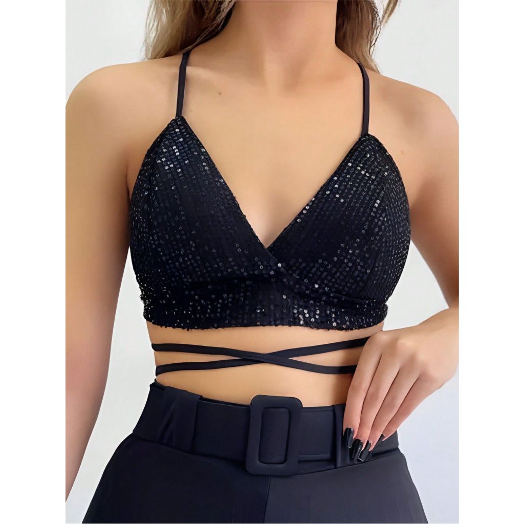 Cropped Feminino de Paetê Brilho Alça Fina Decote V com Amarração na Cintura Festa Sexy em Oferta na Shopee