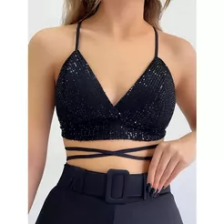 Cropped Feminino de Paetê Brilho Alça Fina Decote V com Amarração na Cintura Festa Sexy