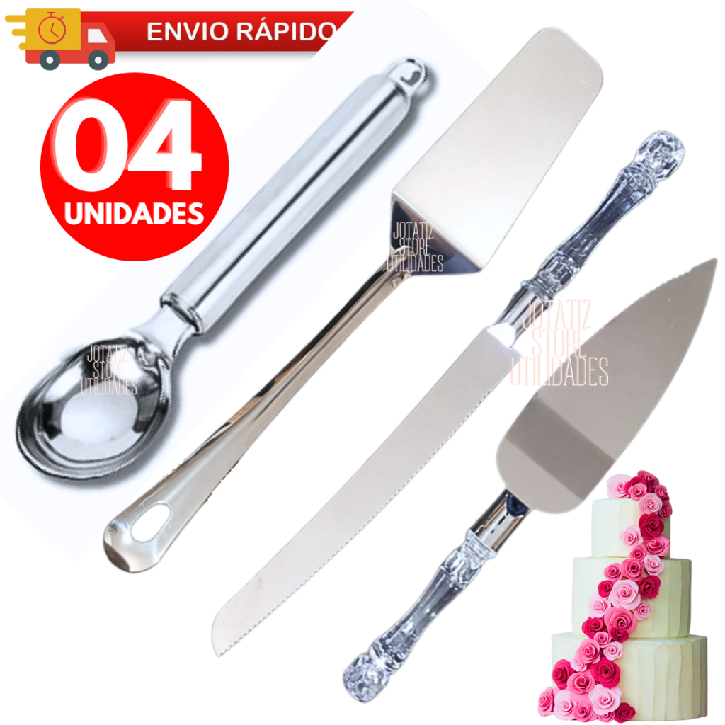 Jogo 4 Peças Espátulas Faca Colher De Sorvete Para Bolo Em Inox Com Cabo Acrílico Para Servir Utensílio De Natal