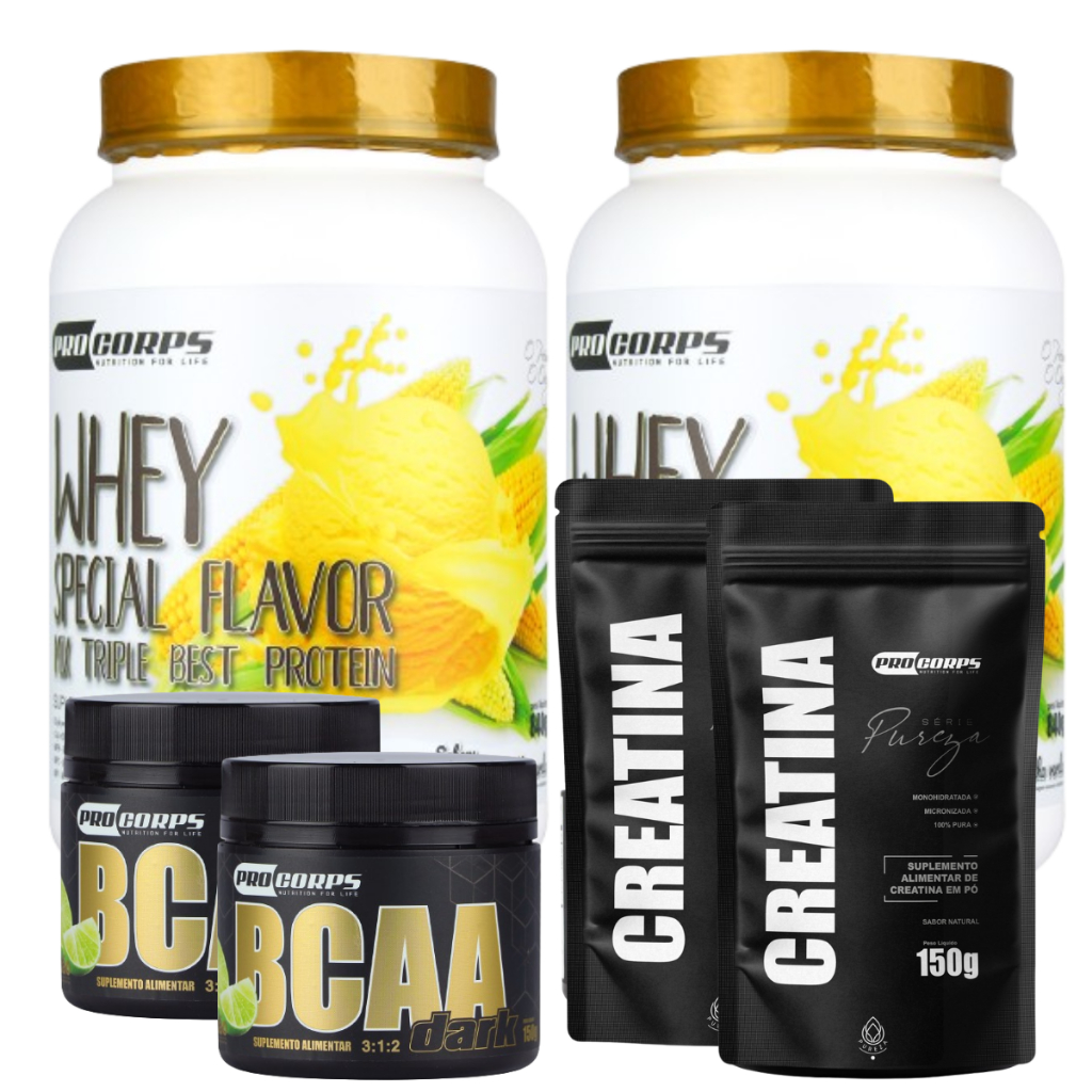 2 Whey Special Flavor 840g + 2 Bcaa + 2 Creatina pura refil 150g