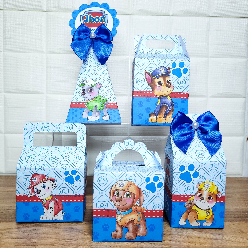Kit Caixinhas Personalizadas Lembrancinhas Patrulha Canina Azul Aquarela.