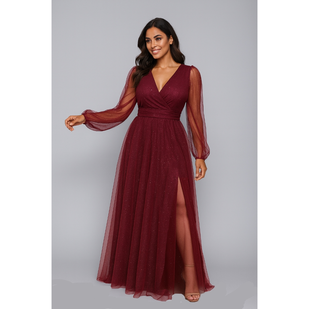 Vestido Longo Elegante Madrinha Tule Brilho Com Fenda