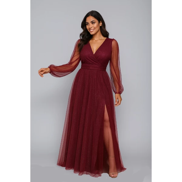 Vestido Longo Elegante Madrinha Tule Brilho Com Fenda