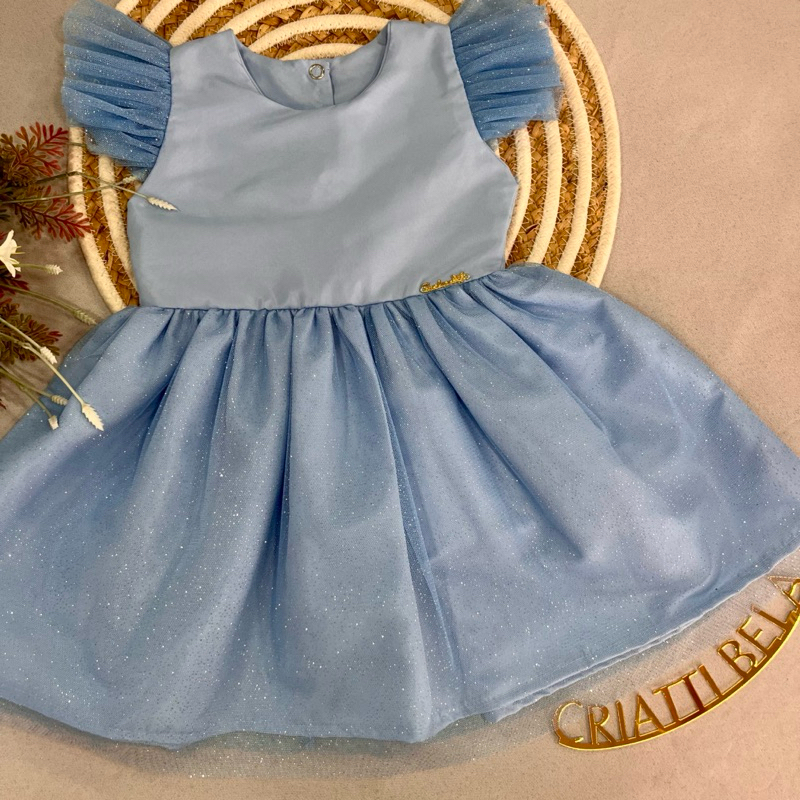 Vestido infantil LUXO Princesa com glitter no tule - Azul Bebê