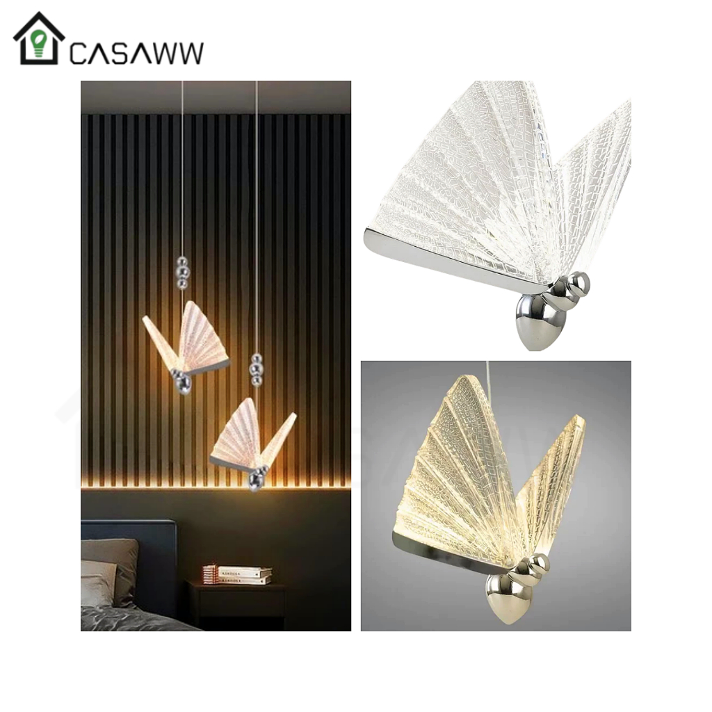 Pendente Borboleta Luminária Pendente Prata Dourado De Teto Lavabo Hall Cristal Acrilico D220mm