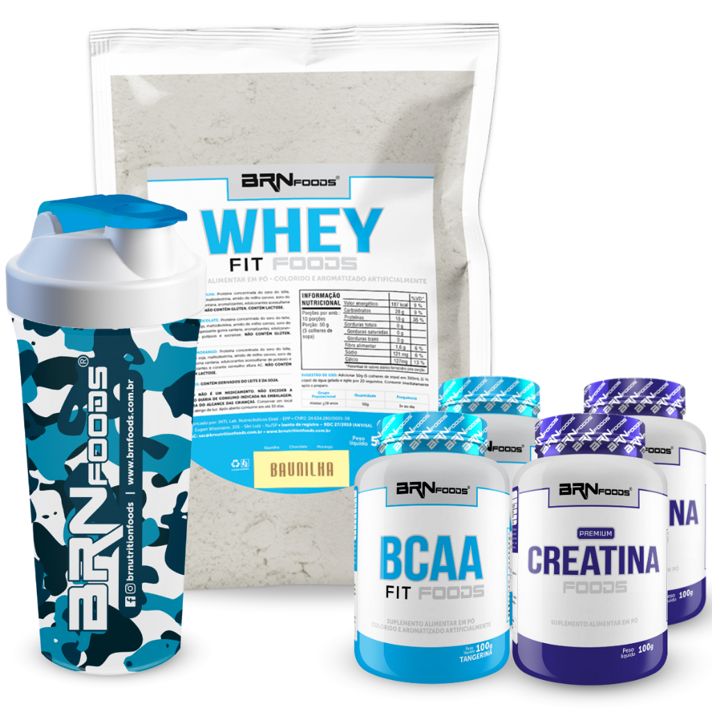 Kit Whey Fit Foods 500g + 2x Premium Creatina 100g + 2x BCAA Foods 100g + Coqueteleira - BRN Foods em Oferta na Shopee