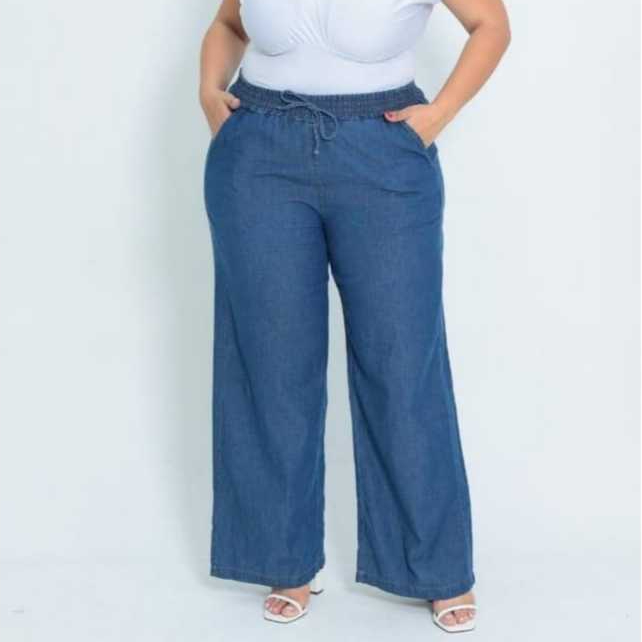 Calça Wide Leg Plus Size Jeans tradicional Feminina Cintura Alta Pantalona Tecido Leve em Oferta na Shopee