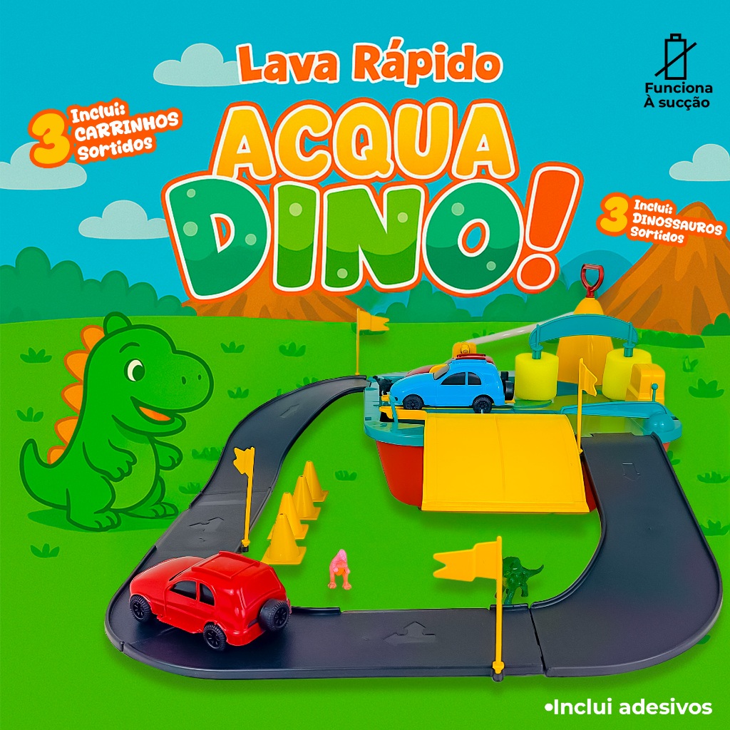 Brinquedo Lava Rápido Acqua Dino Homeplay Infantil 3 Carrinhos E 3 Mini Dinossauros Educativo