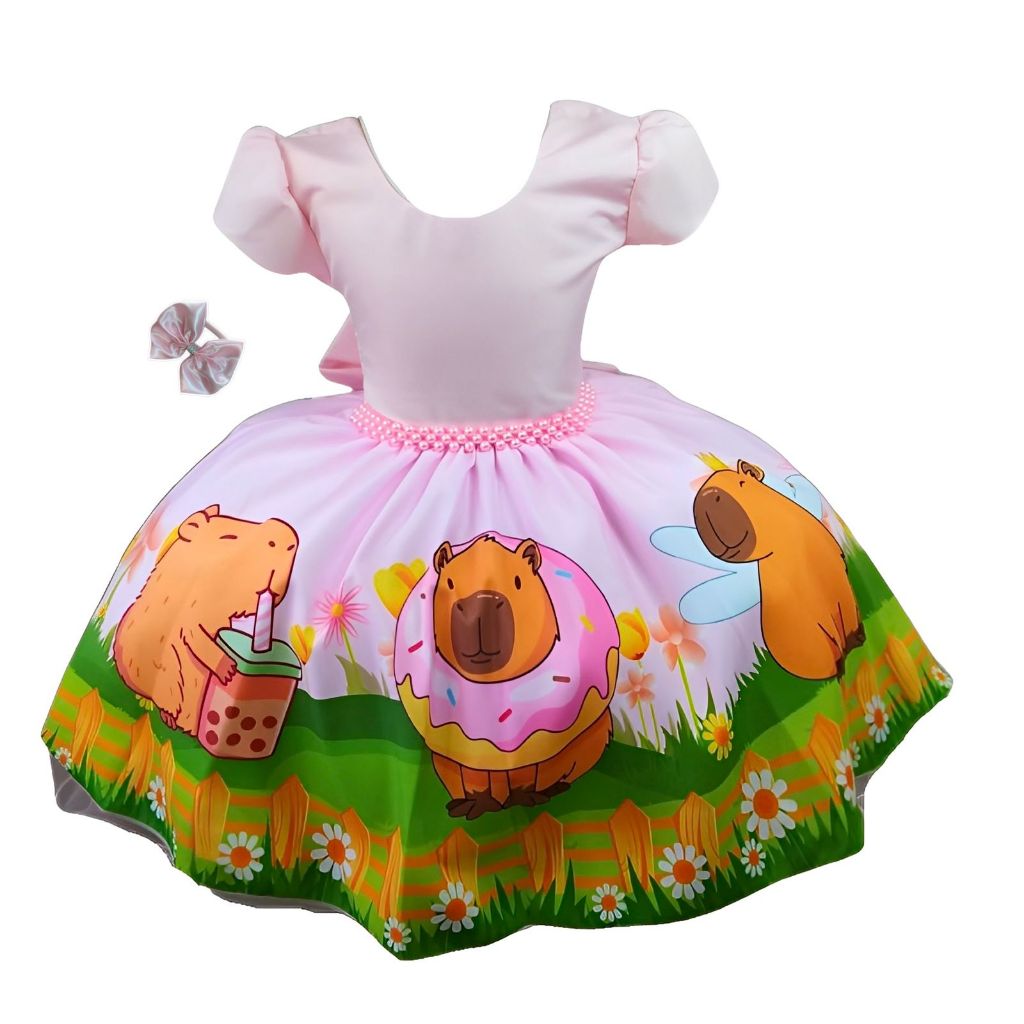 Vestido Infantil Tematico Capivara Capivarinha Baby com Tiara