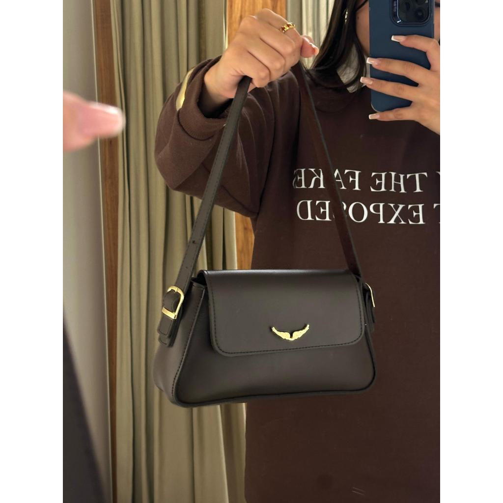 Bolsa feminina pequena baguete com alça de ombro e alça transversal regulável asa lançamento