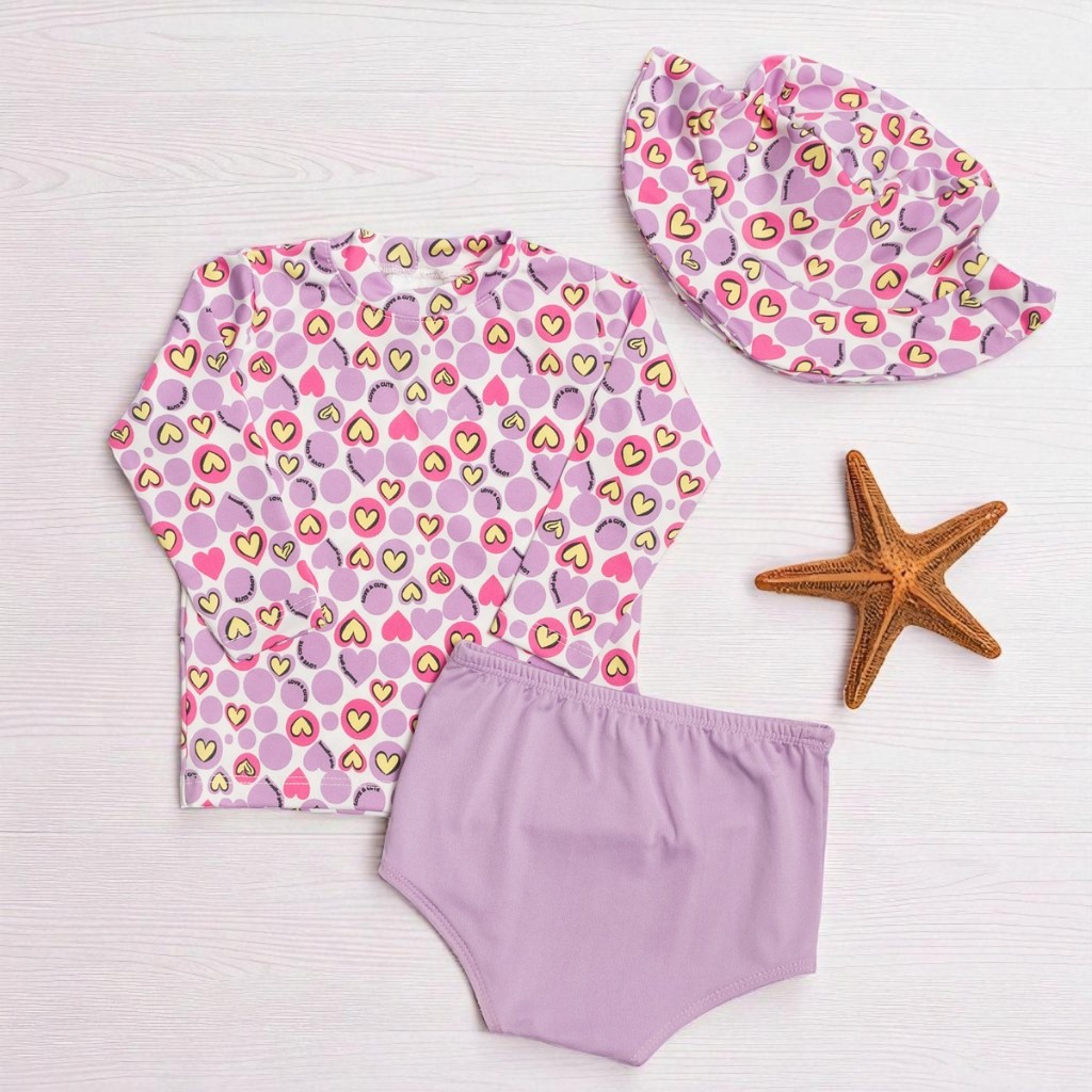 Kit Moda Praia 3 Peças Blusa com Proteção Solar UV50+ Sunga + Chapéu Bebê e Infantil Menina