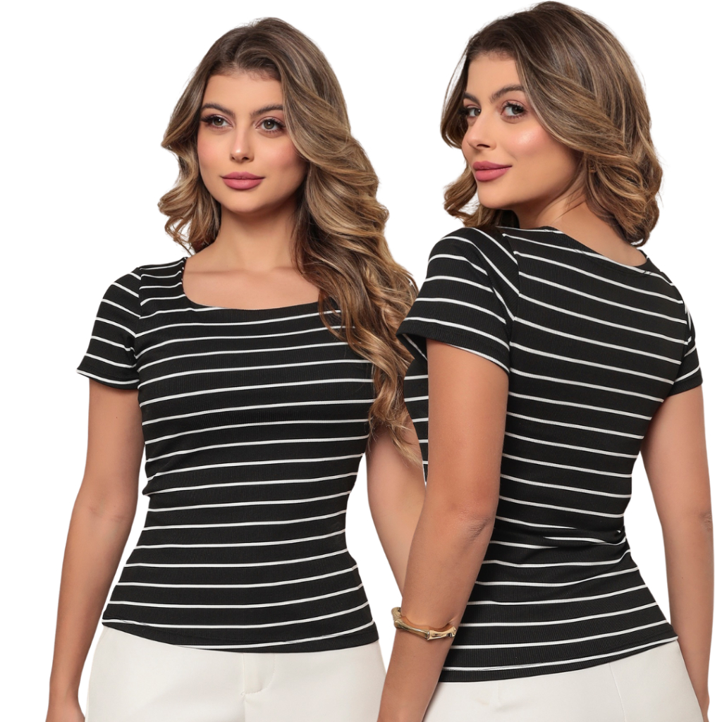 Blusa Feminina Camiseta Listrada Justa Malha Canelada Ribana Gola Quadrada Básica