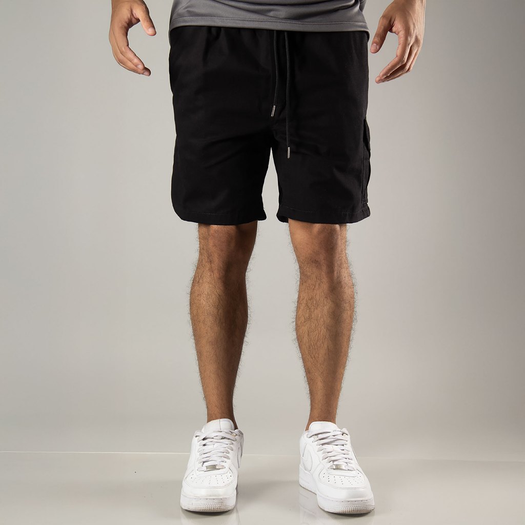 Shorts Cargo Bermuda de Sarja Masculino Premium 100% Algodão Cima do Joelho Bolsos laterais Preto