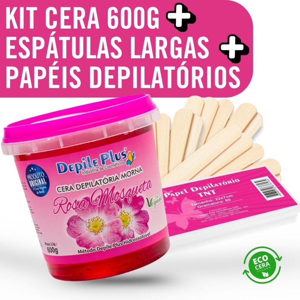 Kit Cera Depilatoria Hidrossoluvel 600g + Espátula Larga 15 Unidades + Papel Depilatorio 20 Unidades Kit Cera Depilatoria Hidrossoluvel 600g + Espátula Larga 15 Unidades + Papel Depilatorio 20 Unidades