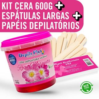 Kit Cera Depilatoria Hidrossoluvel 600g + Espátula Larga 15 Unidades + Papel Depilatorio 20 Unidades em Oferta na Shopee