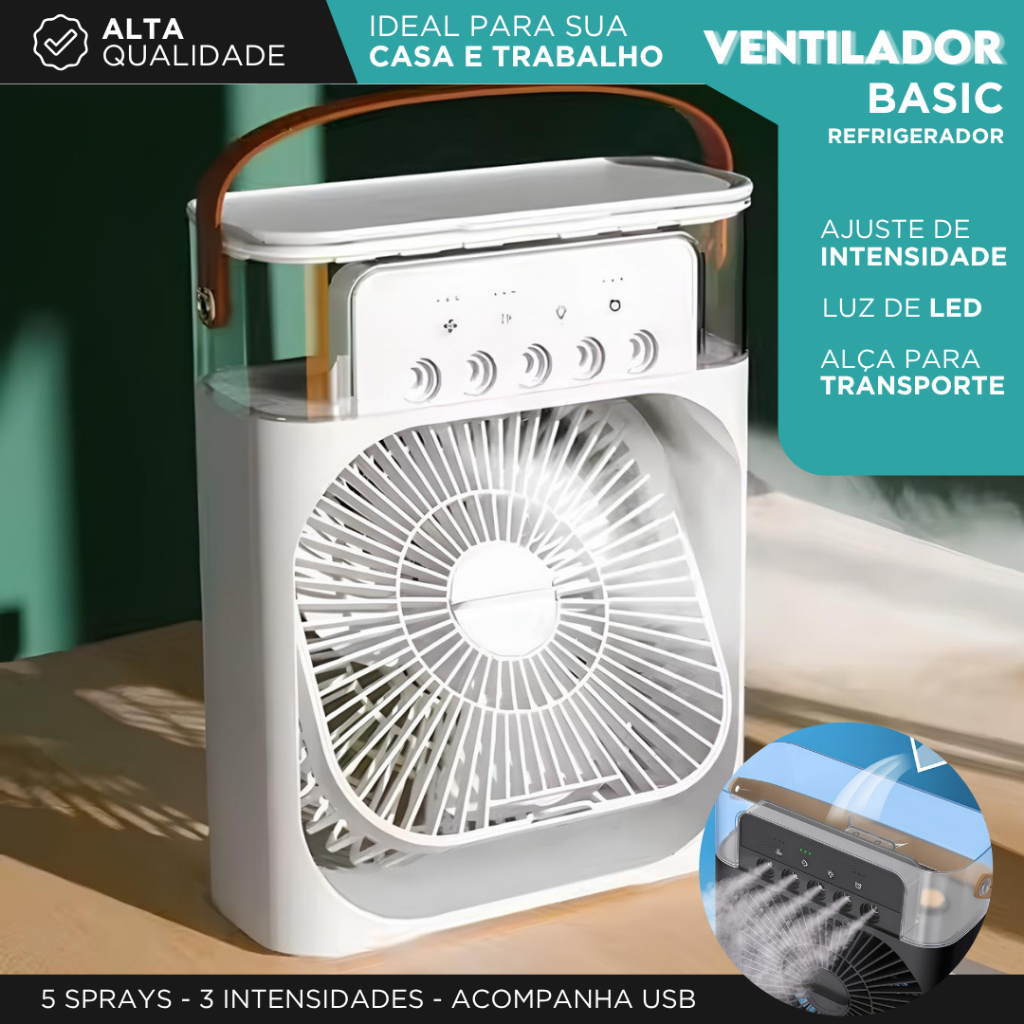 Ventilador Branco Umidificador Portátil USB com Ajuste de Intensidade, Luz LED, Alça de Transporte
